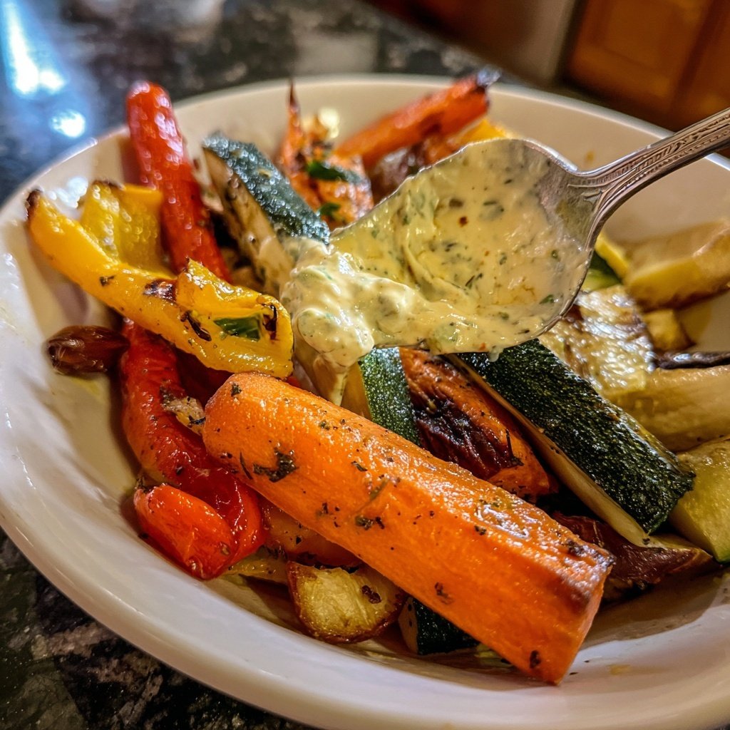 Abendessen mit Ofengemüse und Kräuterquark